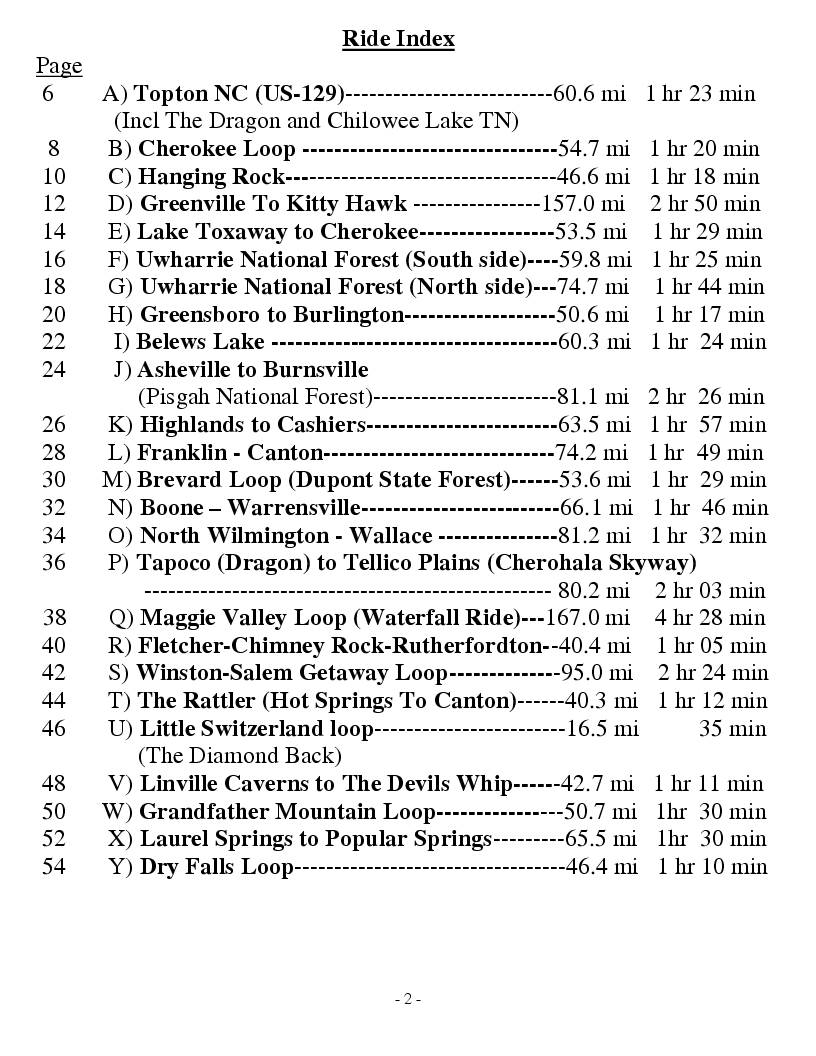 North Carolina Scenic Ride Book Index